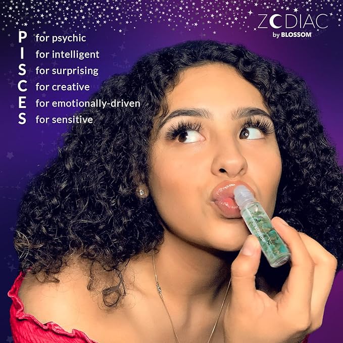 Blossom Zodiac Sign Vanilla Scented Moisturizing Roll-On Lip Gloss with Crystals + pH Technology Color Changing Crystal Strawberry Scented Lip Balm, 2 Pack Bundle, Pisces/Turquoise