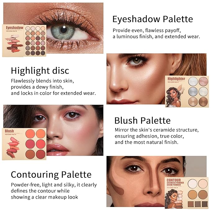 4-Layer Book-Style Foldable Makeup Palette Set | Portable & Long-Lasting | Contour Blush Highlight Eyeshadow, Professional 43 Shades, Suitable for Multiple Skin Tones & Makeup Looks, Gift Idea