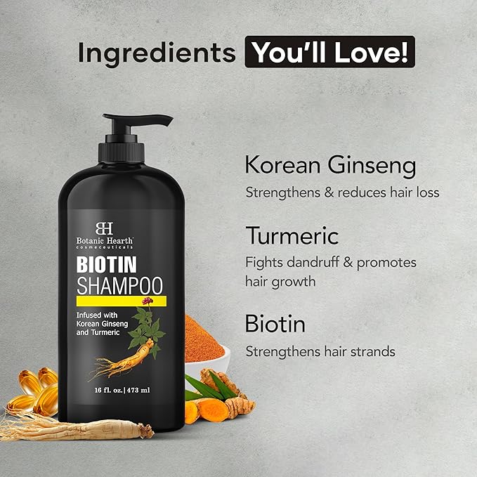 Botanic Hearth Biotin Shampoo | Infused With Korean Ginseng & Turmeric For Stronger, Thicker | Looking Hair | Sulfate & Paraben Free | 16 Fl. Oz