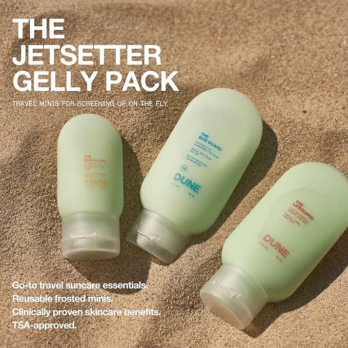Jetsetter Gelly Pack Mini Travel Set - 7x Award-Winning Dermatologist Recommended Clear Gel Suncare for Face and Body - Bod Guard (2 Fl Oz), Mug Guard (1 Fl Oz), and Life Guard (2 Fl Oz)