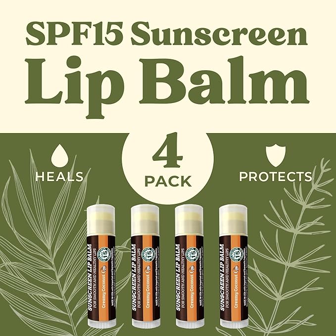 SPF Lip Balm 4-Pack by Earth's Daughter - Lip Sunscreen, SPF 15, Organic Ingredients, Coconut Flavor, Beeswax, Coconut Oil, Vitamin E - Hypoallergenic, Paraben Free, Gluten Free, New