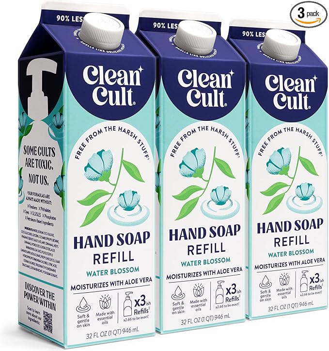 Cleancult Liquid Hand Soap Refill - Water Blossom - Moisturizes Dry & Sensitive Skin - Made with Aloe Vera & Essential Oils - Eco Friendly - Paper-Based Packaging - 32 oz/3 Pack