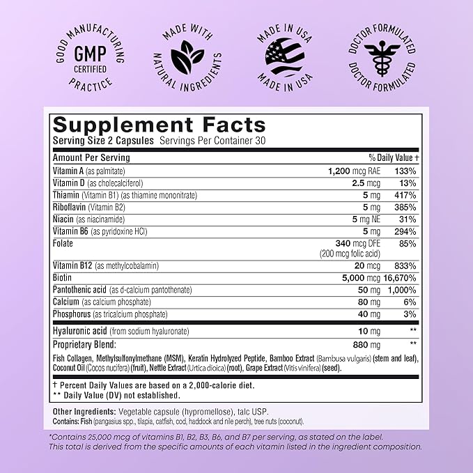 Biotin and Collagen Supplements with Keratin 25000 mcg - Hair Skin & Nails Vitamins with Collagen Keratin B Complex - Made in USA - Biotin for Hair Growth Women & Men Support Skin & Nails, 60 Capsules