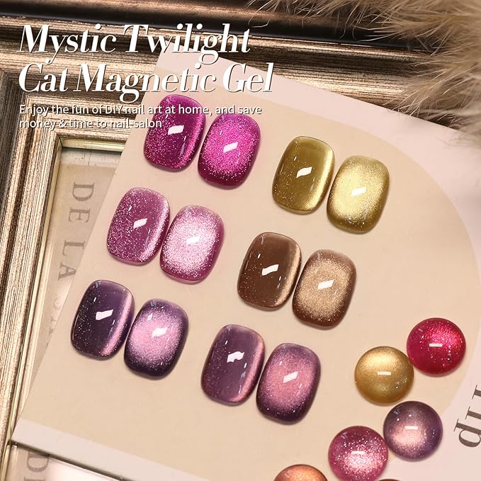 Born Pretty Cat Magnetic Eye Gel Nail Polish, Fall Winter Jelly Glass Magnetic Gel Polish, Purple Brown Pink Nude Glitter Soak Off Nail Art Salon Manicure Home Gift 7ml 6pcs