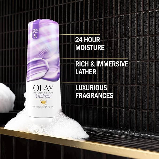 Olay Body Wash for Women, Indulgent Moisture, 24hr Moisturizing & Nourishing Formula, Infused with Vitamin B3 Complex, Luxurious Fragrances, Elderberry & Almond Cream Scent, 20 fl oz