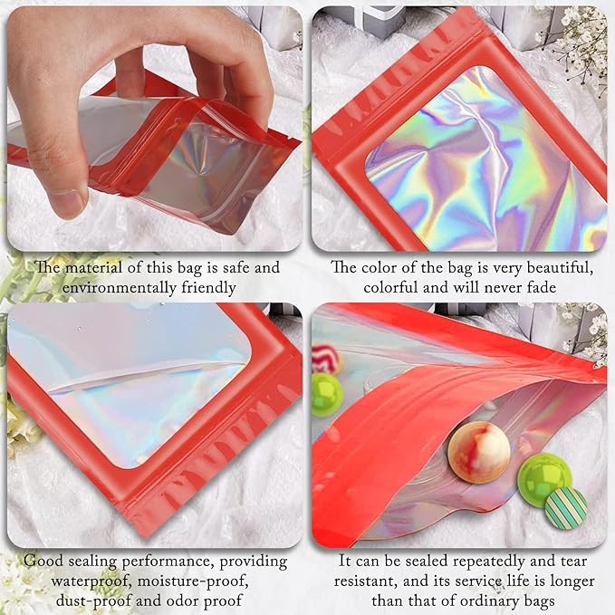 ANZNKU 100 Pcs Smell Proof Mylar Resealable Bags, Holographic Packaging Bags, Resealable Odor Foil Pouch Zip Bags with Clear Window for Food Storage and Lipgloss, Jewelry Lash (Red, 3.9 x 7.1 Inch)