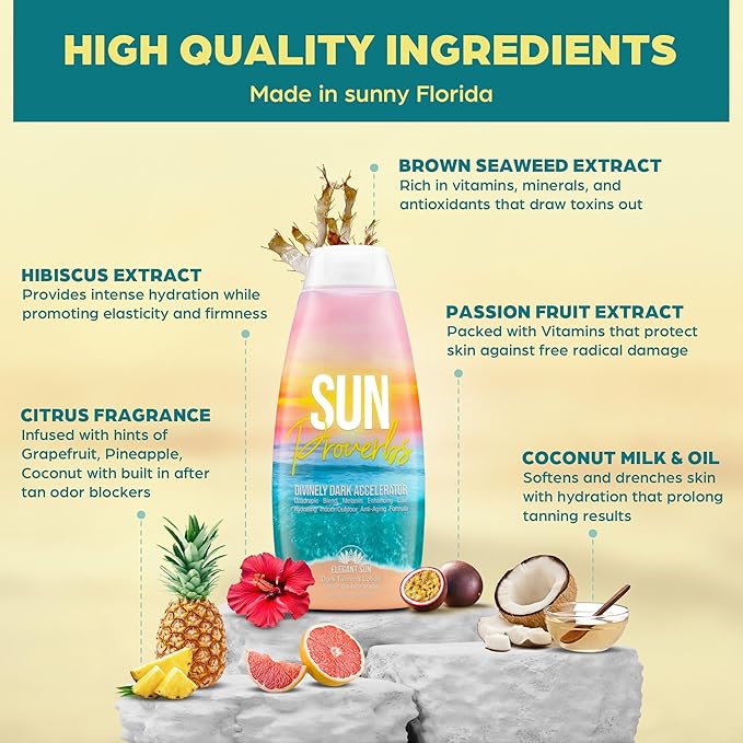 Sun Proverbs, Tanning Bed Lotion, Dark Tan Accelerator, Outdoor Indoor Tanning Lotion without Bronzer, No DHA White Tanning Lotion, Natural Bronzing Coconut Sun Kissed Lotion, by Elegant Sun