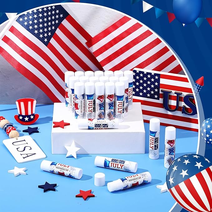 24 Pcs SPF 30 Lip Balm Bulk for Summer Wedding Baby Shower 4th of July Party Sunscreen Lip Balm Sticks Outdoor Travel Sunscreen Care Lip Balm for Thank You Gifts Party Supplies (4th of July)