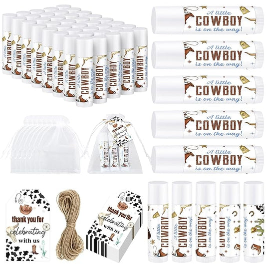 Demissle 50 Pcs Baby Shower Lip Balm Gift Set with 100 Pcs Organza Bags Baby Shower Party Favor for Guest Thank You Tag Rope Baby Shower Party Decoration Gender Reveal Souvenirs (Cowboy)