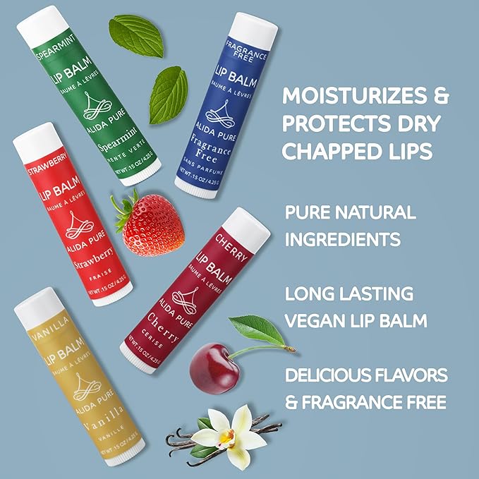 Melody Lip Balm Collection, Vegan Lip Balm Set, Beeswax Free, with Avocado Oil, Organic Jojoba Oil, and Vitamin E, Natural Moisturizer for Dry, Chapped Lips, 5 Tube Set