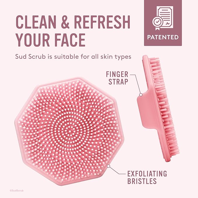 Sud Scrub® Antimicrobial Silicone Face Scrubber, 1 Pack, Gentle Face Exfoliator for Sensitive Skin, Eco Friendly Facial Cleansing Brush, Exfoliating Face Brush for Men and Women (Pink)