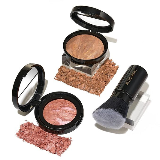 Blush-n-Glow Kit (3 PC): LAURA GELLER NEW YORK Baked Balance-N-Glow Illuminating CC Powder Foundation Sand, Retractable Kabuki Brush, Baked Blush-N-Brighten Pink Grapefruit