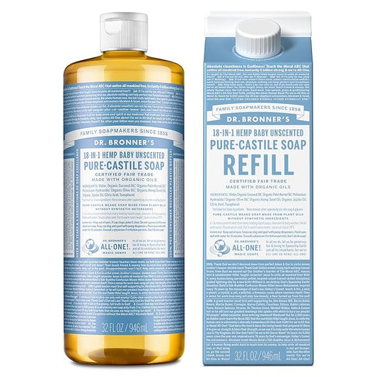 Dr. Bronner’s Pure-Castile Liquid Soap Bottle & Refill Carton - Made with Regenerative Organic Certified Oils, 82% Less Plastic-18-in-1 Uses for Face, Body Wash, Hand Soap Refill- Baby Unscented,32 oz