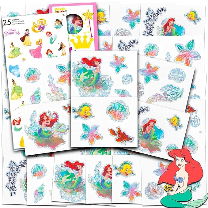The Little Mermaid Temporary Tattoo Set - Ariel Party Favors Bundle with 96 Temporary Tattoos Plus Stickers, More | Disney Party Supplies