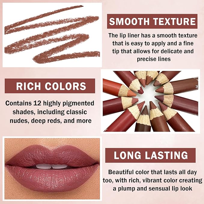 12 Colors Lip Liner Set Lip Liner Pencil Natural Nude Brown Matte Lip Liner Long Lasting Smooth Lip Pencil for Daily Lip Makeup