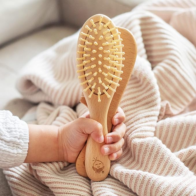 green sprouts Learning Brush + Comb Set |Super Soft Learning Brush Grooms Thick or Curly Hair| Natural Wood and Bamboo Bristles Without BPA, BPS, BPF