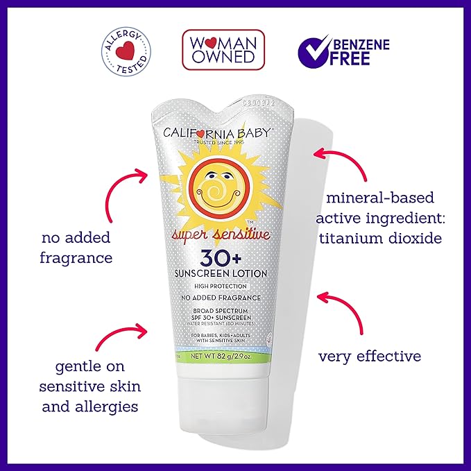 California Baby Super Sensitive SPF 30+ Sunscreen | Broad Spectrum | Titanium Dioxide | Hypoallergenic Unscented Mineral Sunscreen | Reef Safe Sunscreen | Sensitive Skin Friendly | 82g / 2.9oz