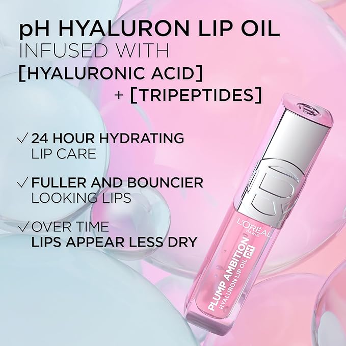 L'Oreal Paris Plump Ambition pH Hyaluron Lip Oil, Color Shifting Lip Tint with 24HR Hydration, Volumizing Shine and Lasting Color, 090 pH Berry Noir