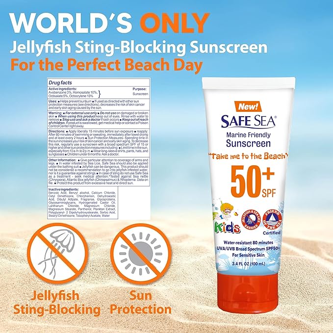 Safe Sea SPF50+ Kids Sunscreen | Travel Size 3.4 oz. | For sensitive skin | anti-jellyfish and Sea Lice sting protective lotion | Coral reef safe sunscreen (3.4 oz. tube 2 pack)