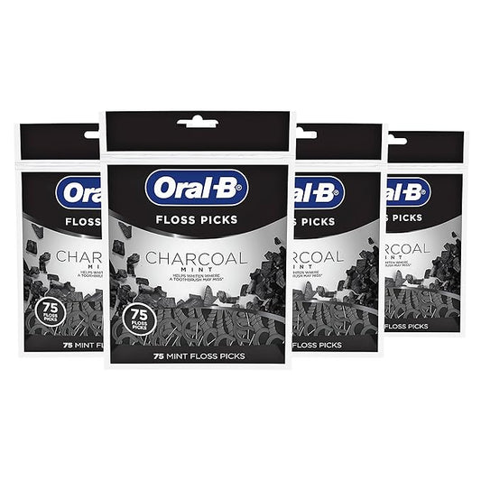 Oral-B Charcoal Infused Mint Dental Floss Picks, 75 Count, Pack Of 4