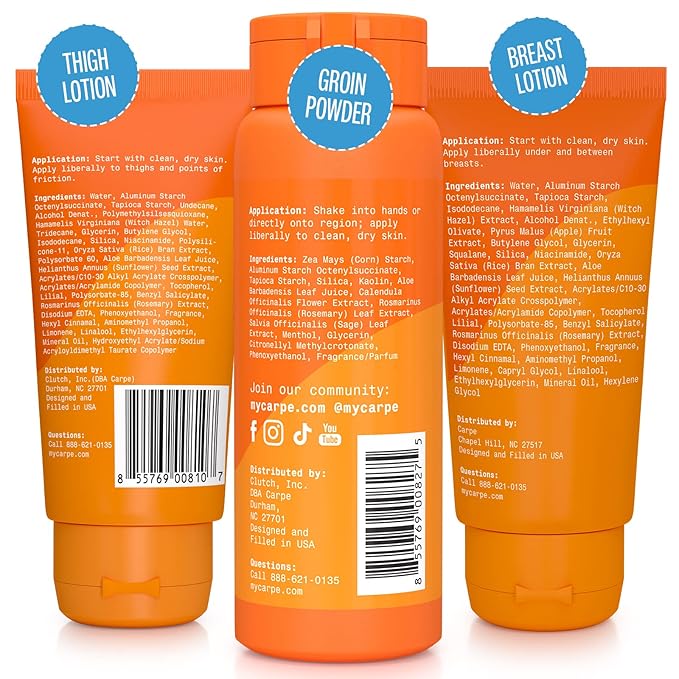 Carpe Women's Sweat Bundle Deal (1x Breast Sweat Absorbing Lotion, 1x Thigh Chafe Lotion, 1x Groin Powder) Women's Deodorant - Helps Absorb Excessive Sweat w/Odor Protection for Sensitive Lady Parts