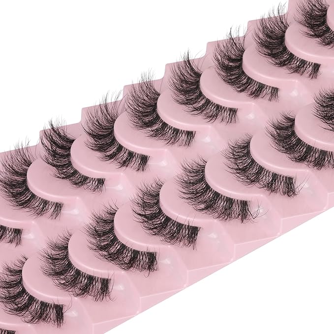 FANXITON Mink Lashes with Clear Band 15 MM 10 Pairs Cat-Eye Lashes Natural Look False Eyelashes Pack Wispy Eyelashes 3D Faux Mink Eyelashes