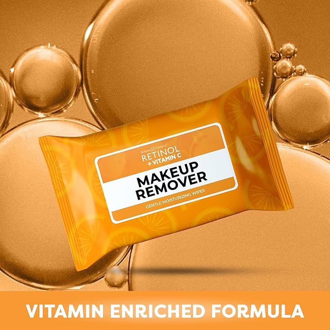 Retinol + Vitamin C Individually Wrapped Makeup Remover Wipes, travel essentials for Travel & On the Go, women facial cleansing towelettes, removes makeup mascara & sunscreen - 30 single face wipes