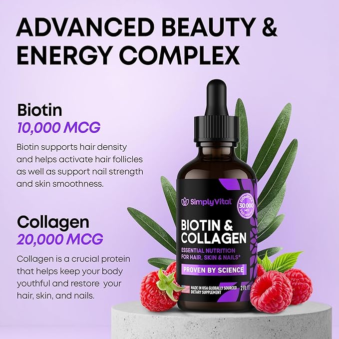 SimplyVital Liquid Biotin & Collagen - Hair, Skin & Nails Vitamins with Biotin 10000mcg & Collagen Peptides - Made in USA - Liquid Collagen for Healthy Skin & Hair Growth Support - 2 fl oz