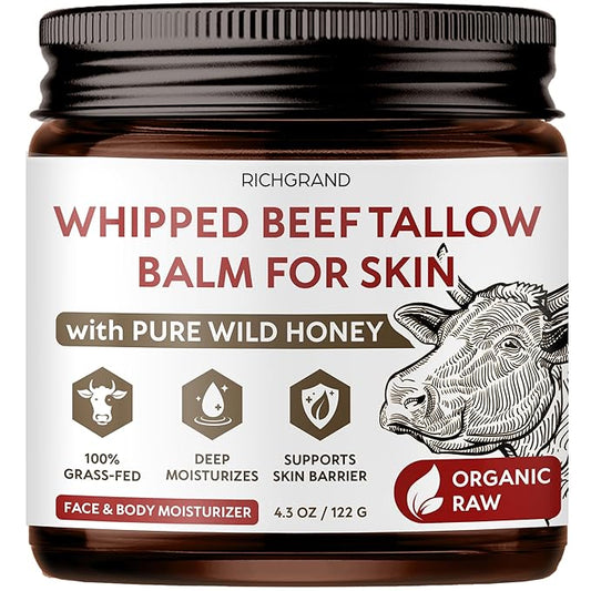 Beef Tallow for Skin - Whipped Grass-Fed Moisturizer with Wild Honey & Beeswax, Natural Face & Body Care, Deep Hydration, Anti-Aging, Sensitive Skin Safe, 100% Organic Balm