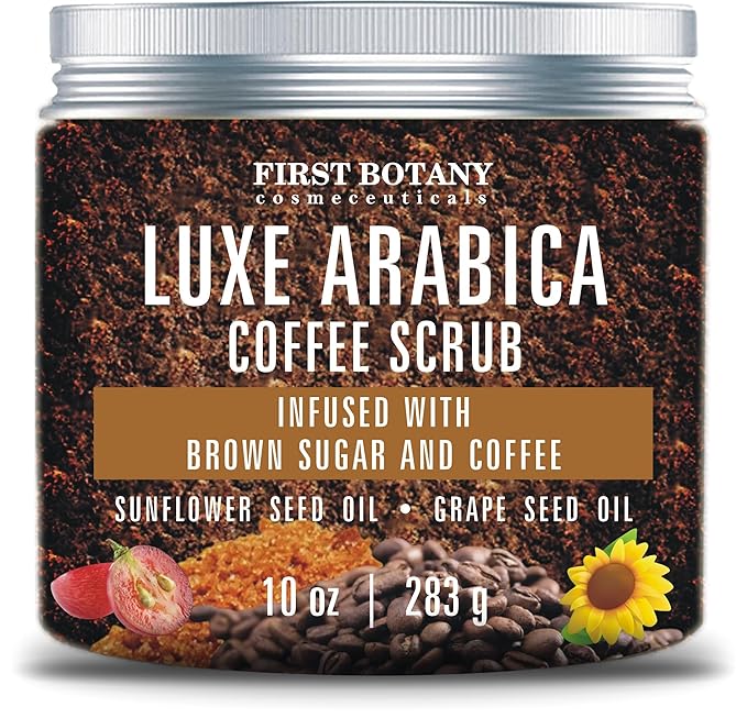 First Botany Body Scrub - Natural Exfoliating Sugar Scrub & Body and Face Souffle helps with Moisturizing Skin, Acne, Cellulite, Dead Skin Scars, Wrinkles (10 fl oz, Brown Sugar + Coffee)