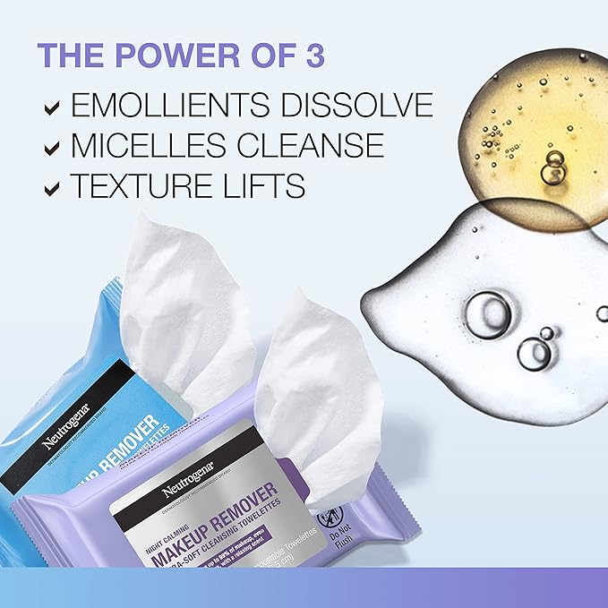 Neutrogena Day & Night Wipes, Makeup Remover Face Cleansing Towelettes & Night Calming Facial Cloths, 100% Plant Based Fibers Wipe Away Dirt, Alcohol-Free, 3 Packs of 25 ct, 75 ct