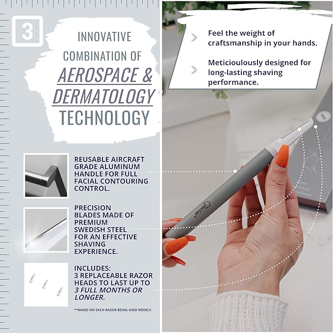 Premium Dermaplaning Tool - Multipurpose Face Razor for Women - Exfoliating Dermaplaner for Smooth Skin, Gentle Eyebrow and Facial Hair Remover - Pack of 3 Blades and Sturdy Metal Handle