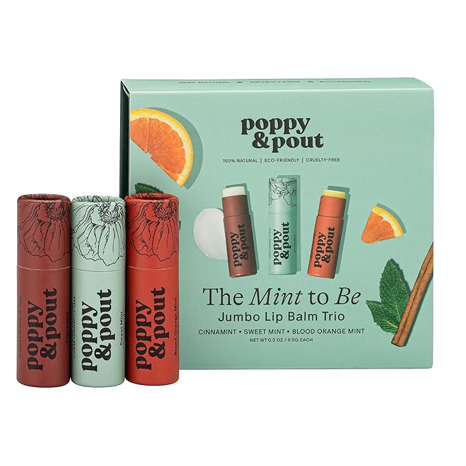 Jumbo Lip Balm Gift Set (3-Pack, Minty Flavors) | Poppy & Pout All Natural Lip Balms & Moisturizers | Hydrates with Beeswax, Vitamin E, Organic Coconut Oil | Cruelty-Free | Recyclable Cardboard Tube