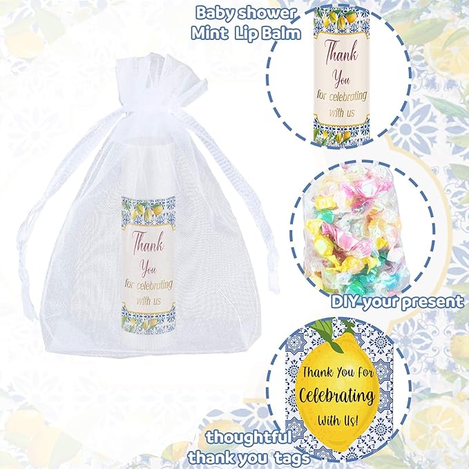 Demissle 50 Pcs Baby Shower Lip Balm Gift Set with 100 Pcs Organza Bags Baby Shower Party Favor for Guest Thank You Tag Rope Baby Shower Party Decoration Gender Reveal Souvenirs (Lemon)