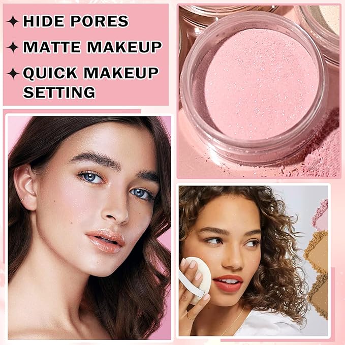 Pink Setting Powder Loose Powder Shimmer Finishing Powder Ultimate Blurring Setting Powder Long Lasting Oil Control Loose Face Powder for All Skin Tones-02 Pink