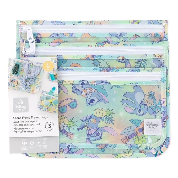 Bumkins Disney Travel Bag, Toiletry, TSA Approved Pouch, Zip Bag, Quart Size Airline Compliant, Clear-Sided, Baby, Diaper Bag Organization, Makeup, Accessories, Packing, Set of 3 Sizes, Aloha Stitch