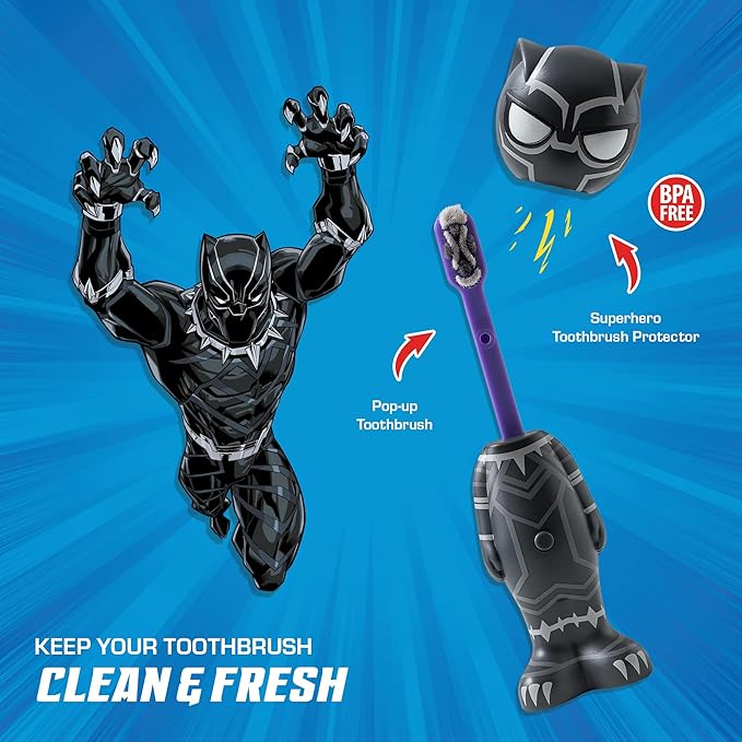 Brush Buddies Marvel Black Panther Kids Toothbrush, Soft & Rounded Bristles, Poppin' Fun Superhero Toothbrush