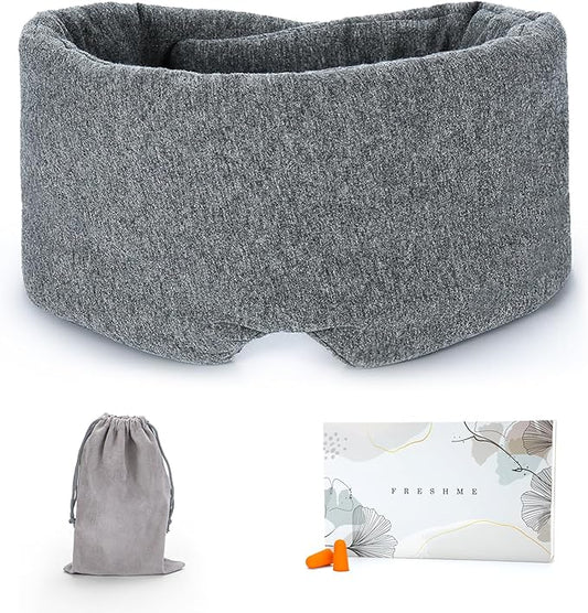FRESHME Cotton Eye Mask for Sleeping in Gift Box - Soft and Adjustable Extensions Sleep Mask with Earplugs and Pouch for Women and Men, Blackout Cover for Night Travel Relaxation