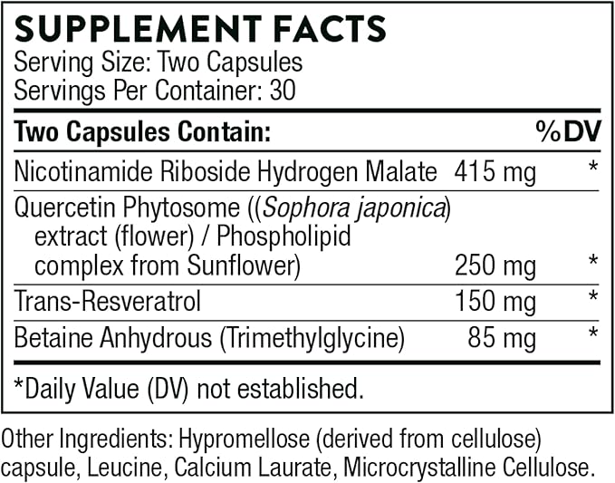 THORNE - ResveraCel - Nicotinamide Riboside with Quercetin Phytosome and Resveratrol - Support Healthy Aging, Methylation, Cellular Energy Production and Metabolism* - 60 Capsules - 30 Servings