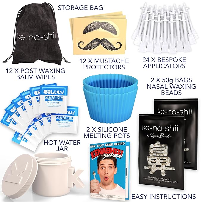 Kenashii Super Nose Waxing Kit | 100g Wax, 24 Applicators | No Microwave Required | Ear Hair Removal | For Men and Women | 12 Balm Wipes, Mustache Guards, Storage Bag
