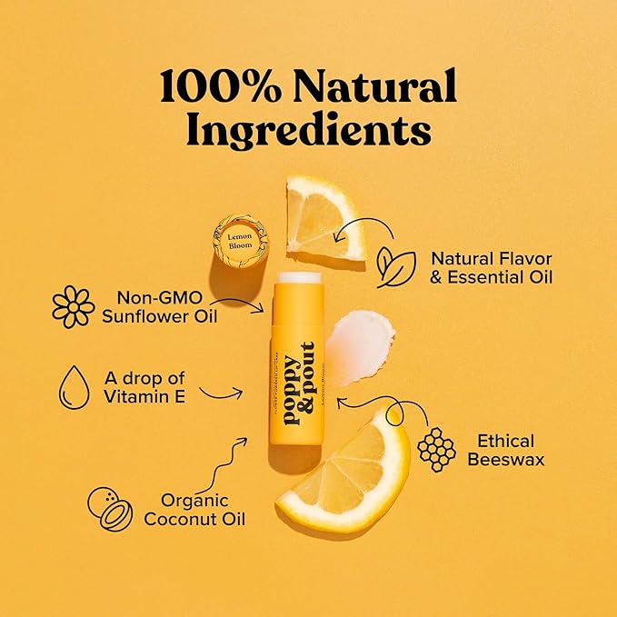 Poppy & Pout Lemon Bloom Jumbo Lip Balm | All Natural Lip Balms & Moisturizers | Hydrates with Beeswax, Vitamin E, Organic Coconut Oil | Cruelty-Free | Lip Balm in Recyclable Cardboard Tube