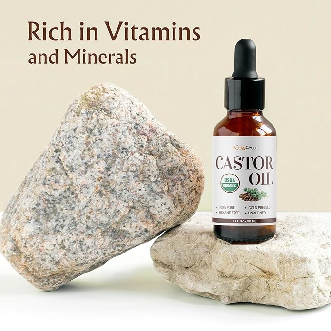 BodyJ4You Organic Castor Oil for Hair Growth: Natural Eyelashes Serum for Lashes and Eyebrows - Glass Bottle 1 Fl Oz