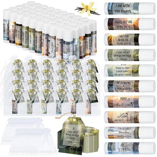 50 Sets Lip Balms Christian Gifts for Women Religious Scripture Bible Verse Inspirational Motivational Small Thank You Gifts for Church Sunday School Vanilla Flavor