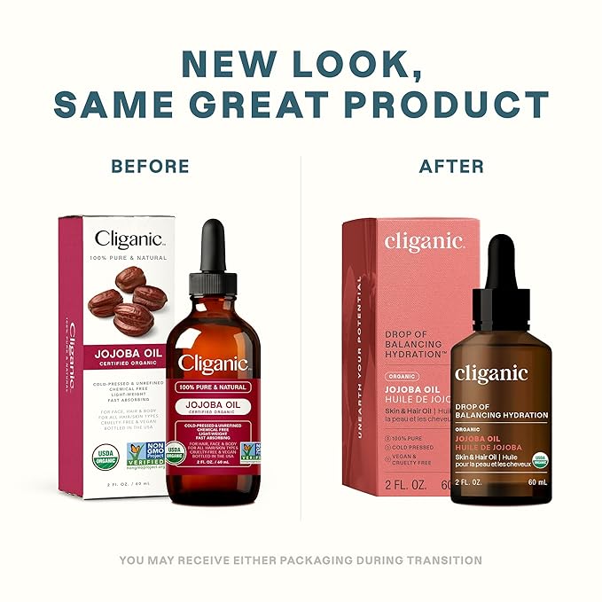 Cliganic Organic Jojoba Oil, 100% Pure (2oz) | Natural Cold Pressed Unrefined Hexane Free Oil for Hair & Face | Base Carrier (Packaging May Vary)