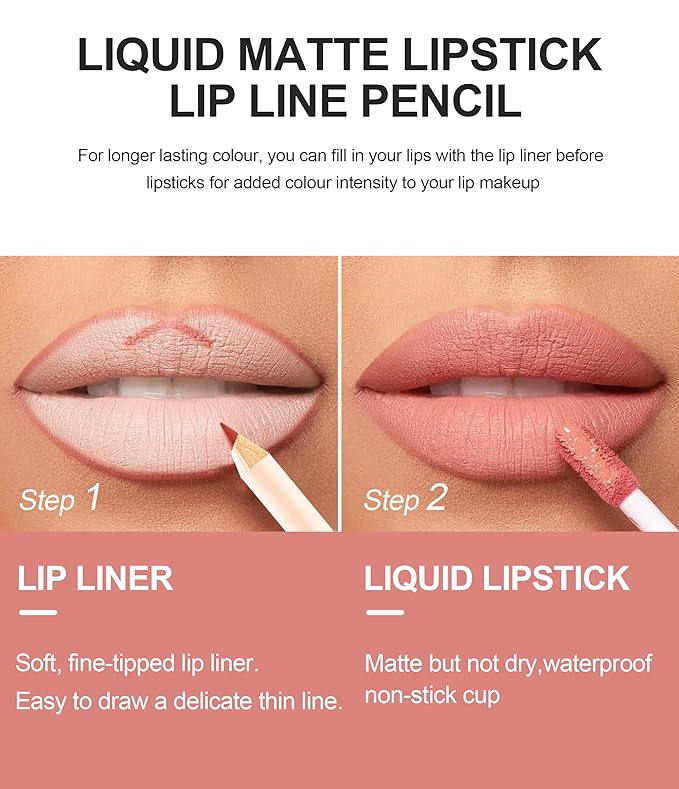 2Pcs Matte Nude Lip Liner Pencil and Lip Longwear
