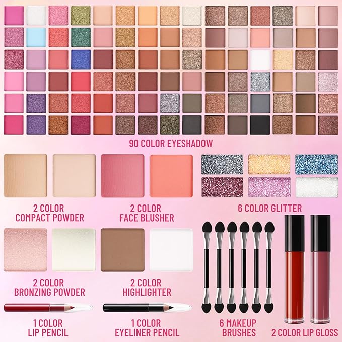 All In One Professional Makeup Kit Include Eyeshadow Palette Blushes Compact Bronzing Highlighter Powder Glitter Lipliner Eyeliner Pencil Brushes with Mirror Make Up Set Christmas Gifts For Women Girl
