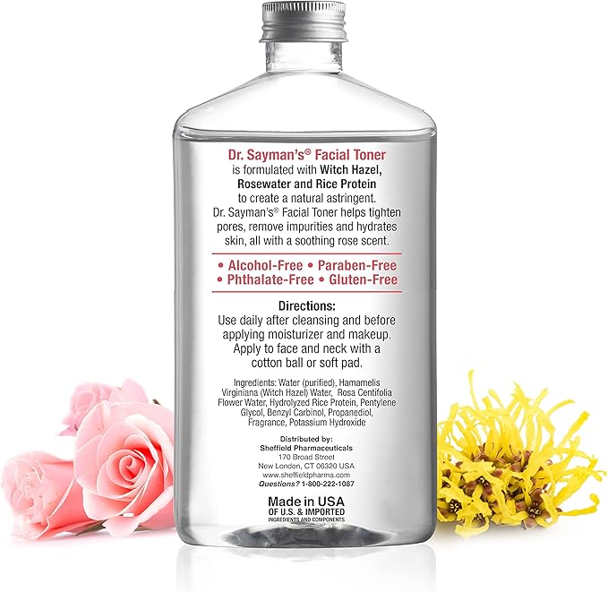 Dr. Saymans Alcohol-Free Facial Toner with Witch Hazel, Rosewater & Rice Protein, Removes Impurities & Hydrates Your Face, 9 oz
