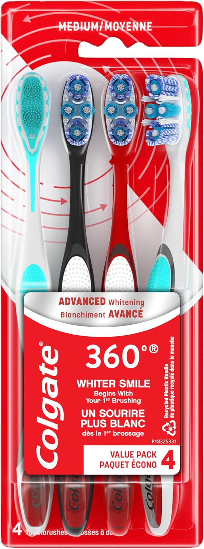 Colgate 360 Advanced Optic White Whitening Toothbrush with Tongue Cleaner, Soft, 4 Count