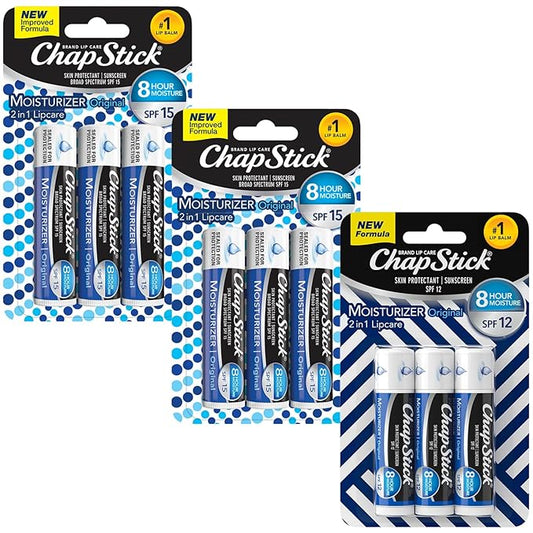ChapStick Moisturizer 2-in-1 Lipcare 9-Pack (3 SPF 12, 6 SPF 15) – Original Lip Balm with Broad Spectrum SPF, Aloe & Vitamin E, 0.15 Ea