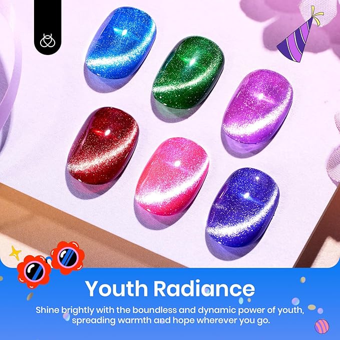 Beetles Cat Eye Gel Nail Polish, 6 Colors Summer Cat Eye Glitter Gel Polish Set Neon Red Pink Purple Blue Green with Magnet Velvet Gel Kit French Nail Art Manicure Gift for Women